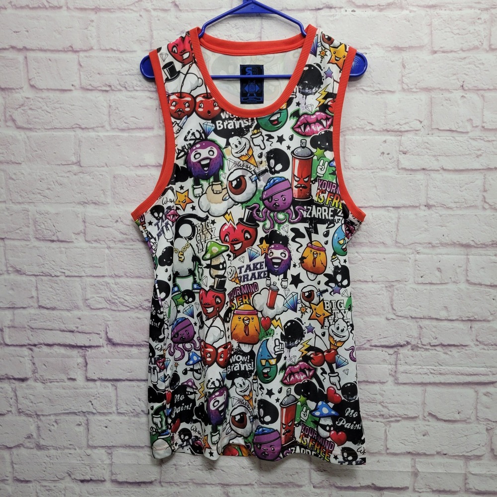Royal Blue Graffiti‎ Art Cartoon Tank Top L AOP Streetwear Y2K Goth Retro Rave